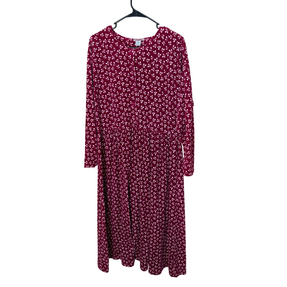 Vintage FADS Burgundy Velvet Floral Button Front Top Maxi Dress Long Sleeve  L